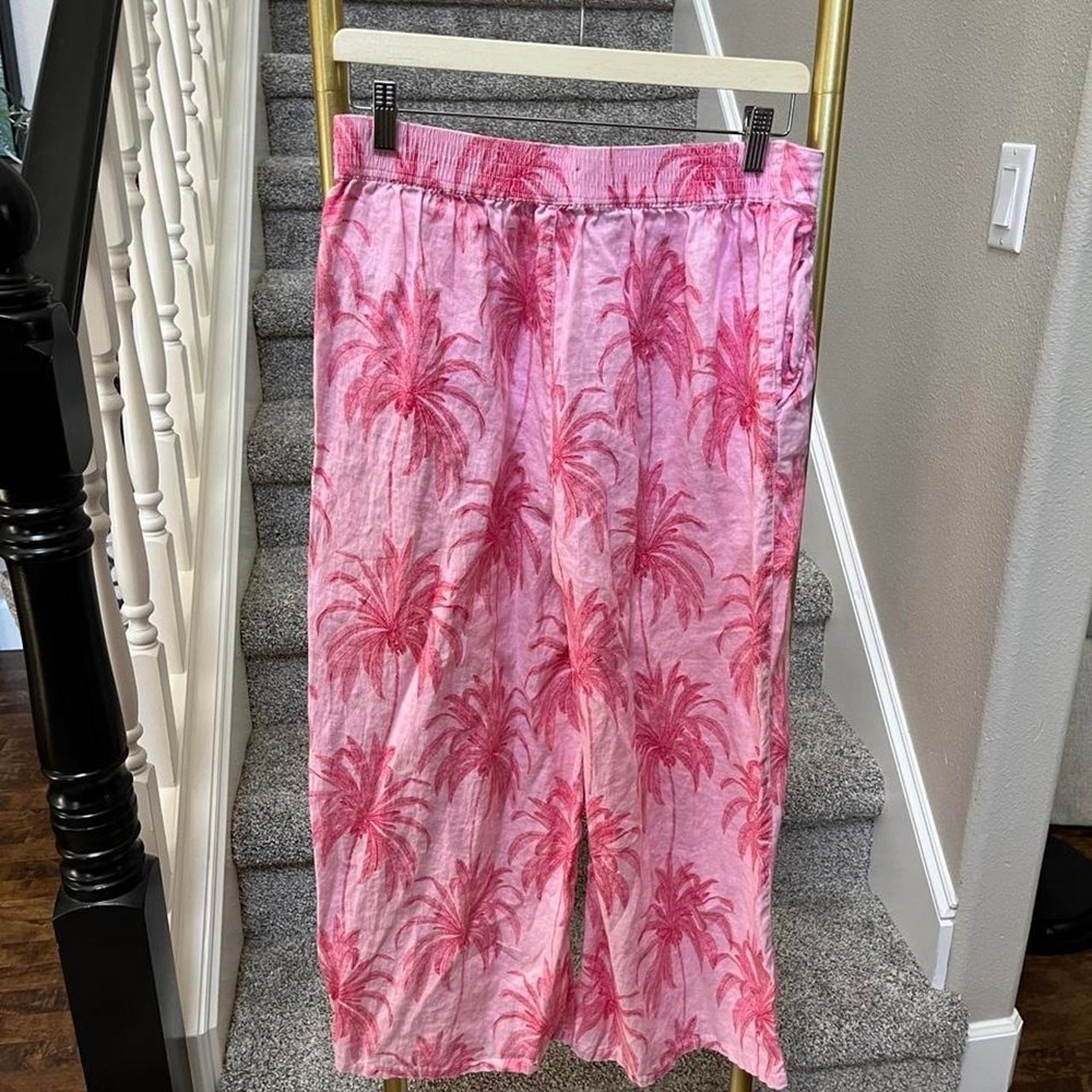 Women's linen cropped wide leg sm pink coastal palm tree, travel pants